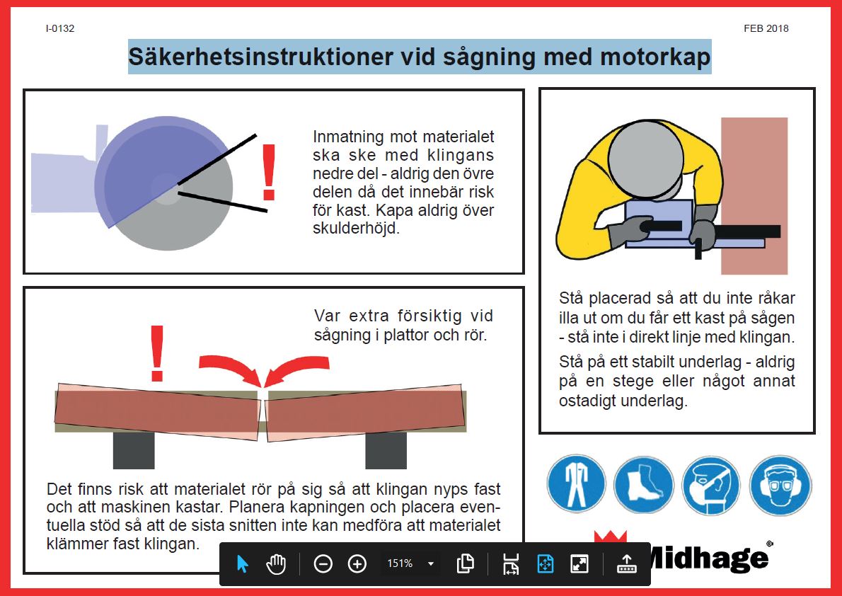 öryggisleiðbeiningar frá Midhage þegar sagað er með vélsög